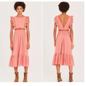 ba&sh Women's Ruffle Sleeve Midi Dress‎ V-Neck Sleeveless Casual Pink Medium